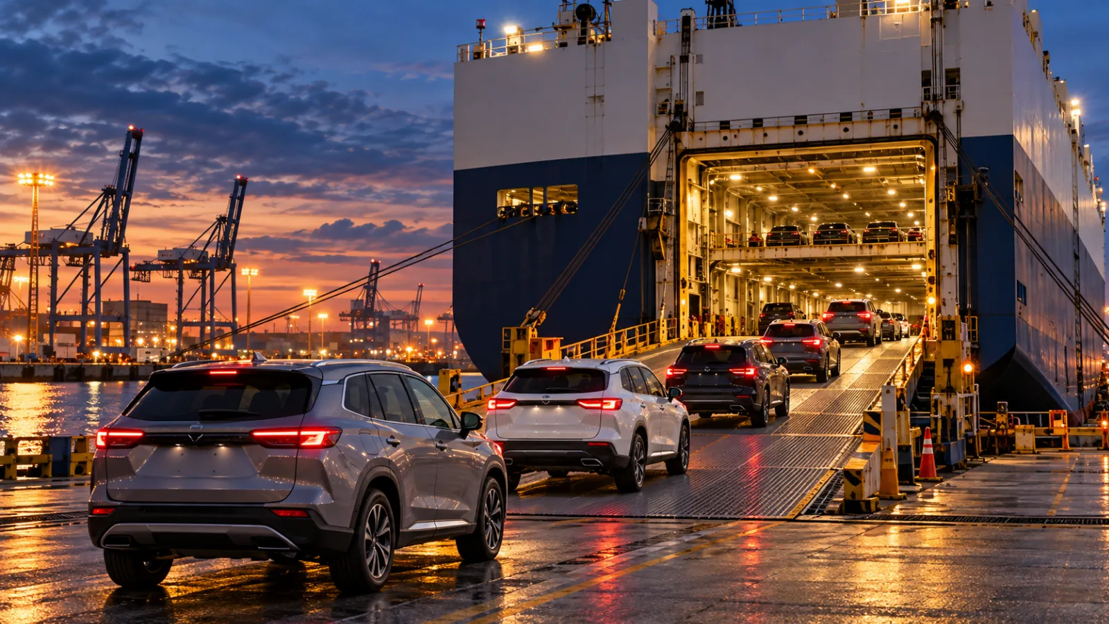 Automobiliai įvažiuoja į ro-ro laivą