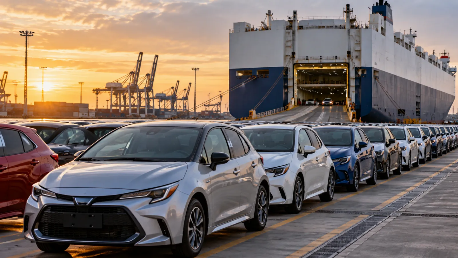 Automobiliai uoste paruošti eksportui iš Japonijos