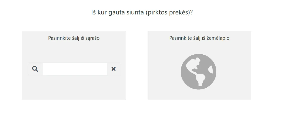 iMDAS klausimas „Iš kur gauta siunta (pirktos prekės)?“ – šalies pasirinkimas iš sąrašo arba žemėlapio