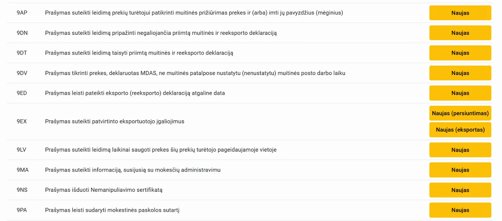MLS prašymų sąrašas: pasirenkamas prašymo tipas ir spaudžiama „Naujas“