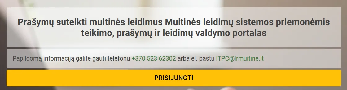Muitinės leidimų sistemos (MLS) portalas su mygtuku Prisijungti